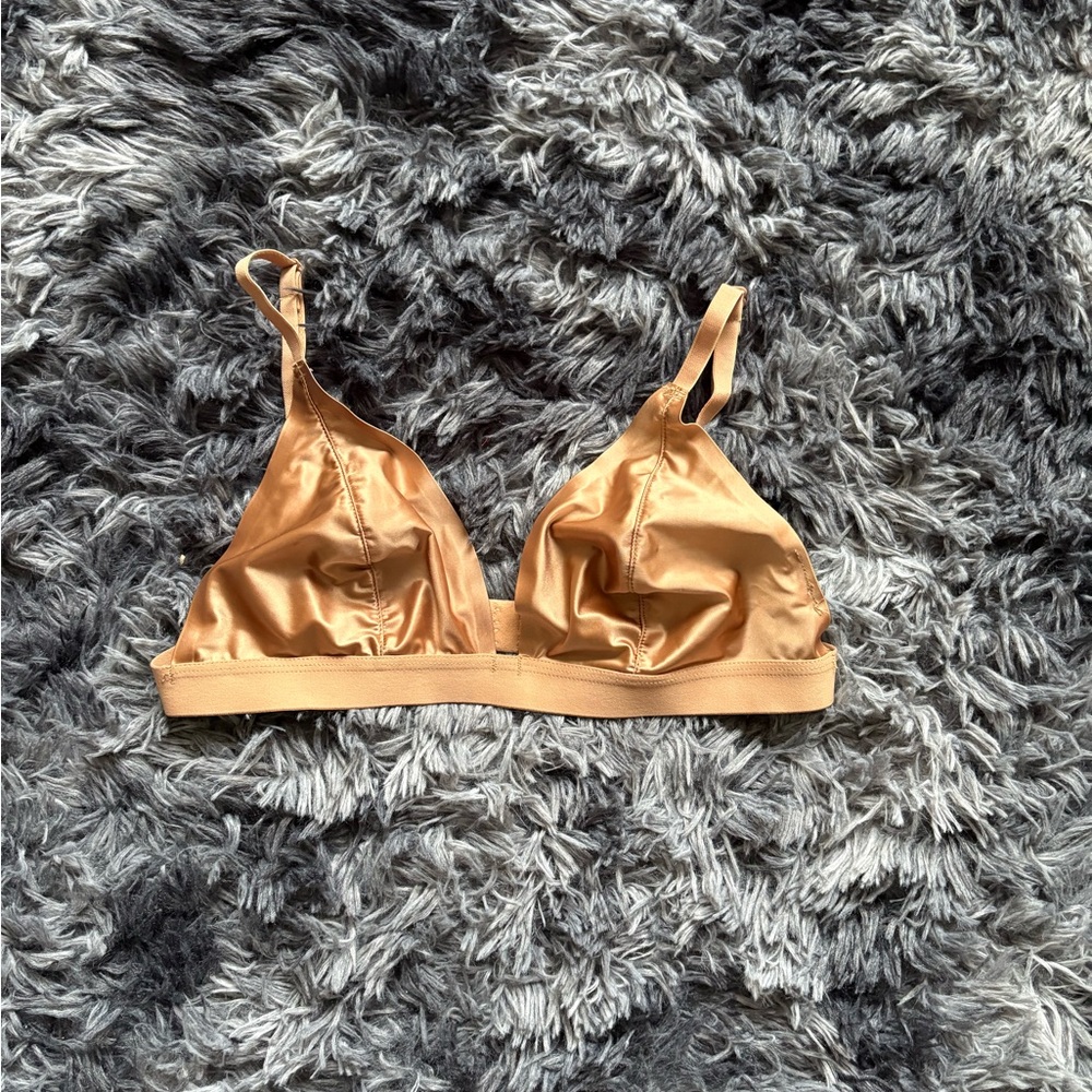 Fashion Nova Satin Triangle Bralette | Adjustable Strap Wireless Bra | Nude/Tan
